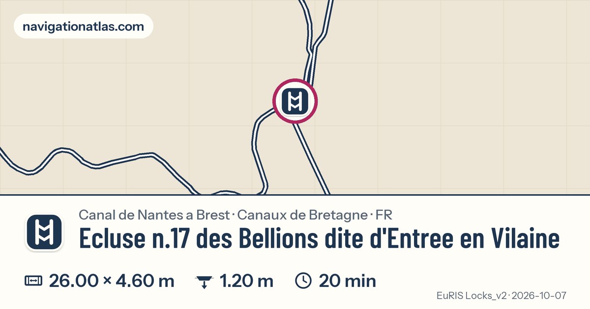Carte autour de Ecluse n.17 des Bellions dite d'Entree en Vilaine, avec les dimensions du sas