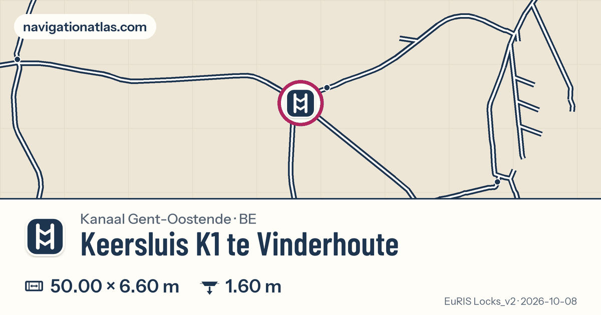 Carte autour de Keersluis K1 te Vinderhoute, avec les dimensions du sas