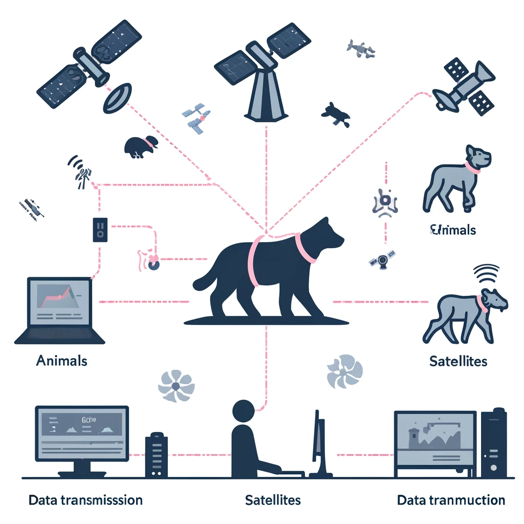 DALL·E 2024-06-09 03.53.18 - A diagram showing how GPS data is collected from animals, transmitted via satellites, and analyzed by researchers. The image should include icons for navigation atlas